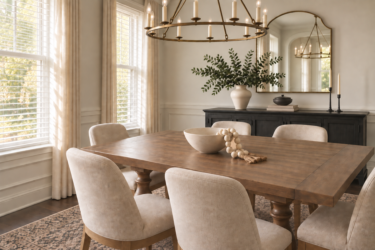 Sunlit dining room with a wood table, linen chairs, greenery and a brass chandelier