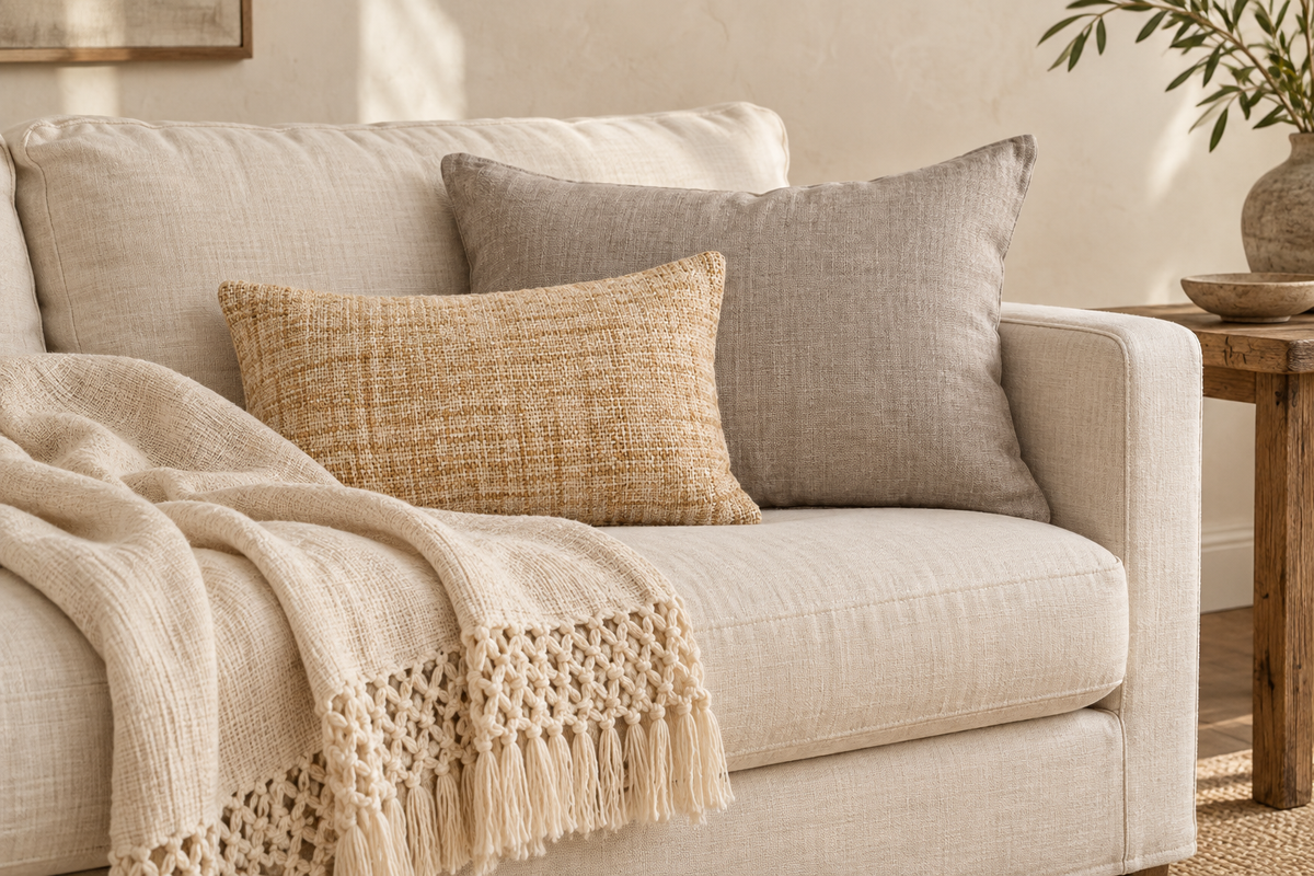 Neutral linen and wool pillows with a cream fringed throw on a linen sofa