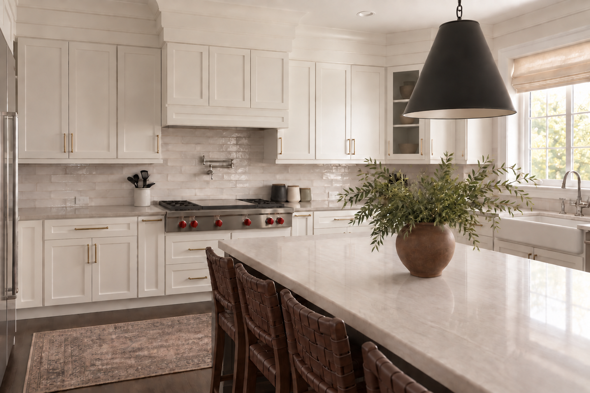 Our kitchen with warm white cabinetry, dark brown woven stools and greenery on the island