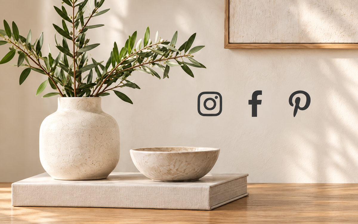 Olive branches, cream pottery and charcoal Instagram, Facebook and Pinterest symbols.