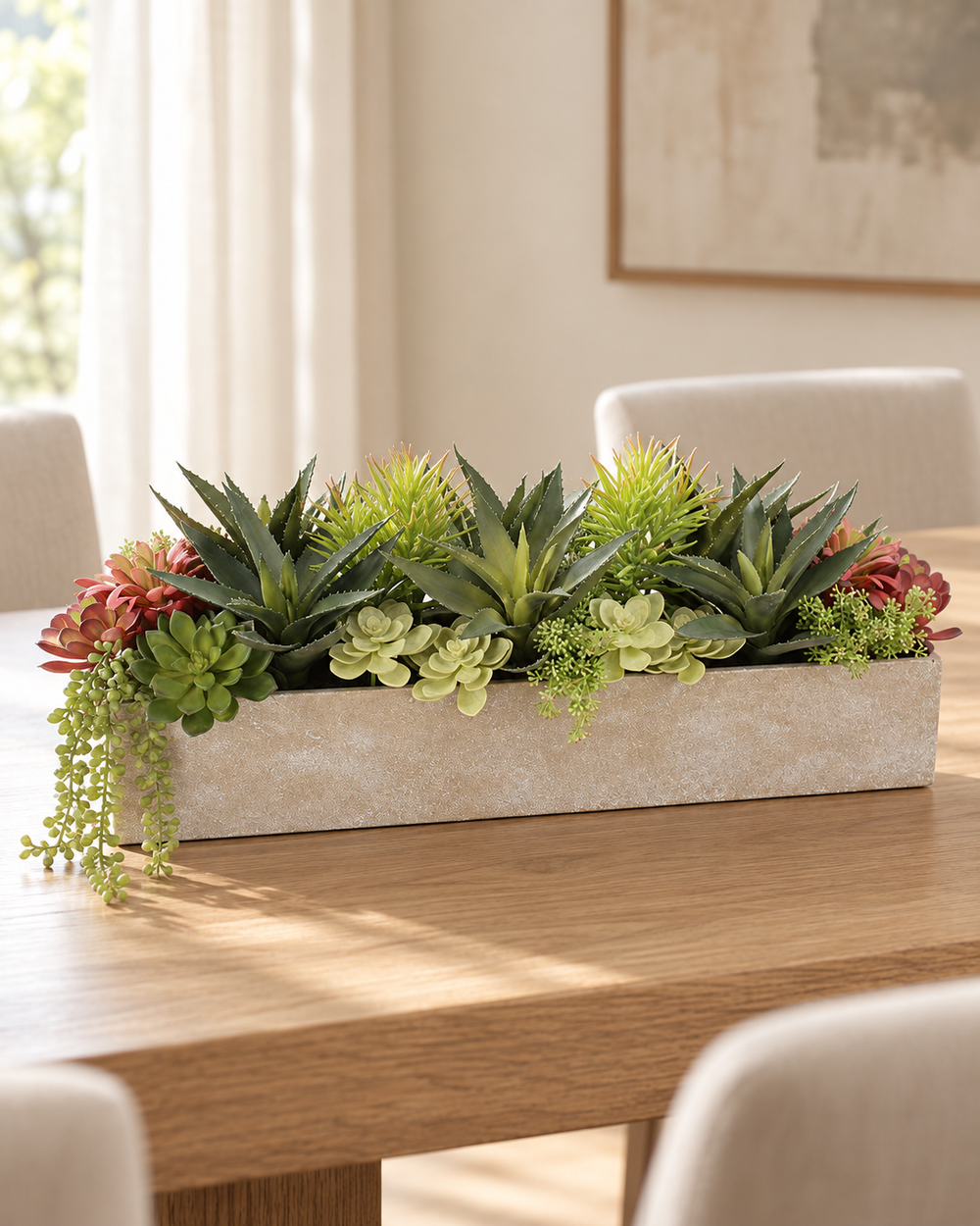 Rectangular Artificial Succulent Arrangement, Natural Planter