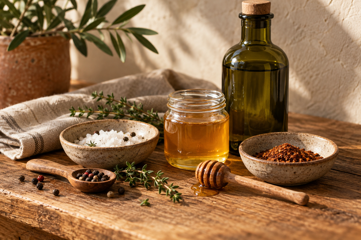 Honey, spices, sea salt and olive oil on a warm wooden counter