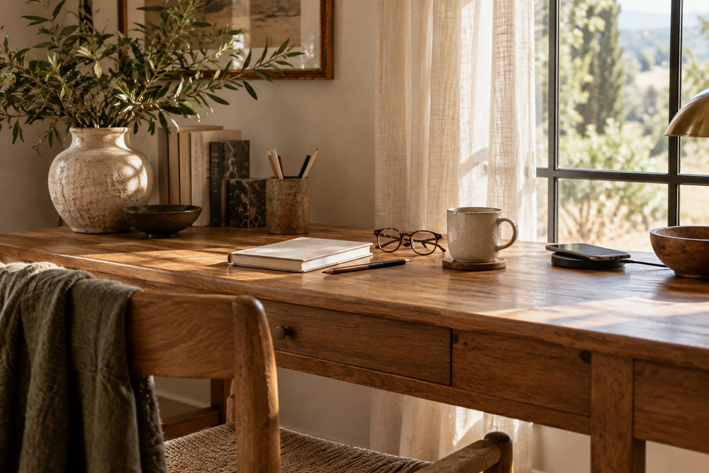 Organized oak desk with a notebook, ceramic cup and discreet phone charging pad