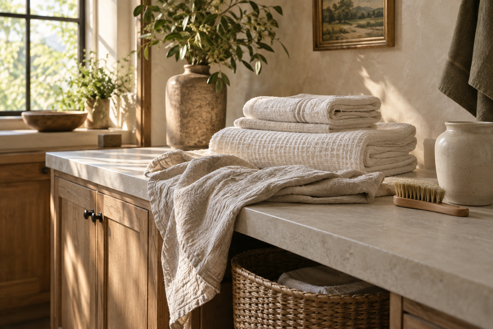 Sunlit linen-care counter with folded towels, a soft textile and a wooden brush